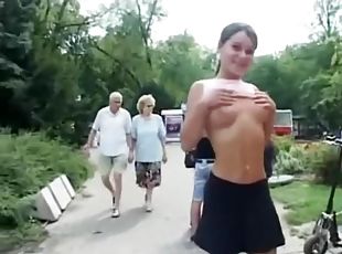 Russian teen girl flashes her great tits in public