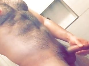 Showering my beefy hairy Latino body and playing with my big cock!