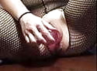 Busty lady in fishnets lets some steam on the floor